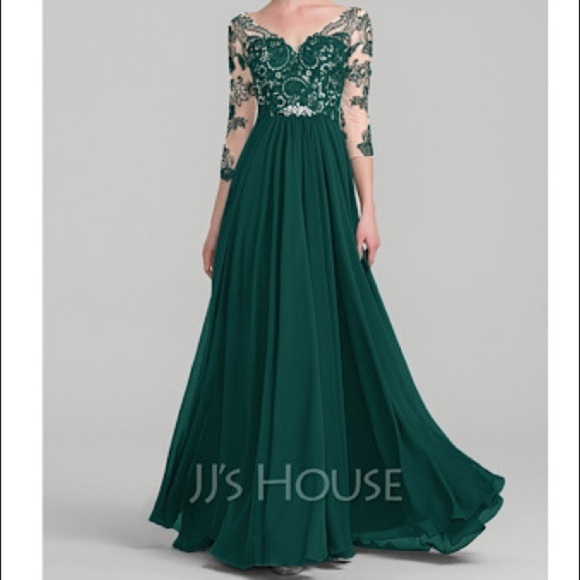 JJ’s House A-Line V-neck Floor-Length Chiffon Lace Evening Dress #131491